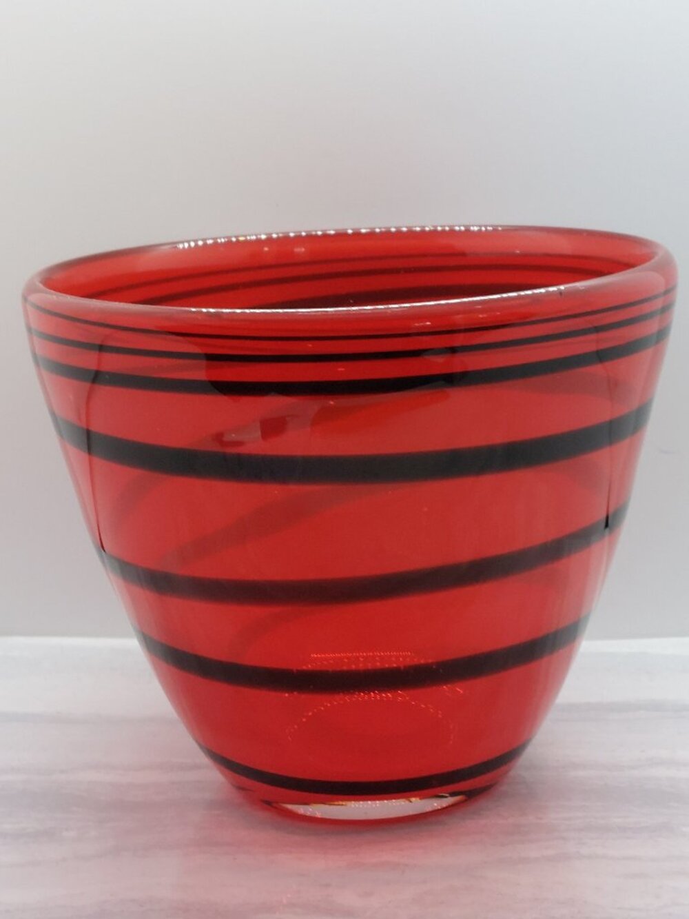 Vintage Heavy Art Glass Centerpiece Bowl Red With Black Swirl Design